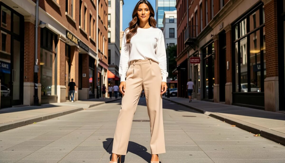 Mulher elegante usando calça pantalona de alfaiataria em ambiente urbano