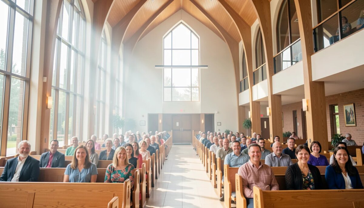 Interior de igreja moderna e arejada com fiéis confortáveis