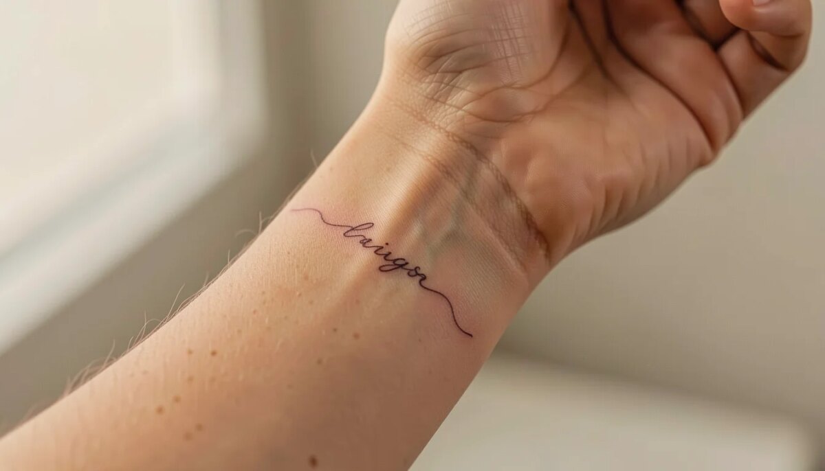 Tatuagem delicada no pulso com nome de filho em fine line