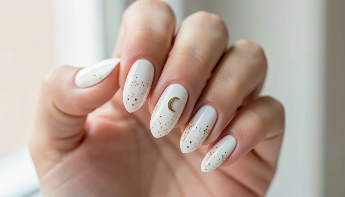 Mão feminina com unhas decoradas para Ano Novo: base branca leitosa, glitter dourado e detalhe de lua crescente como amul...