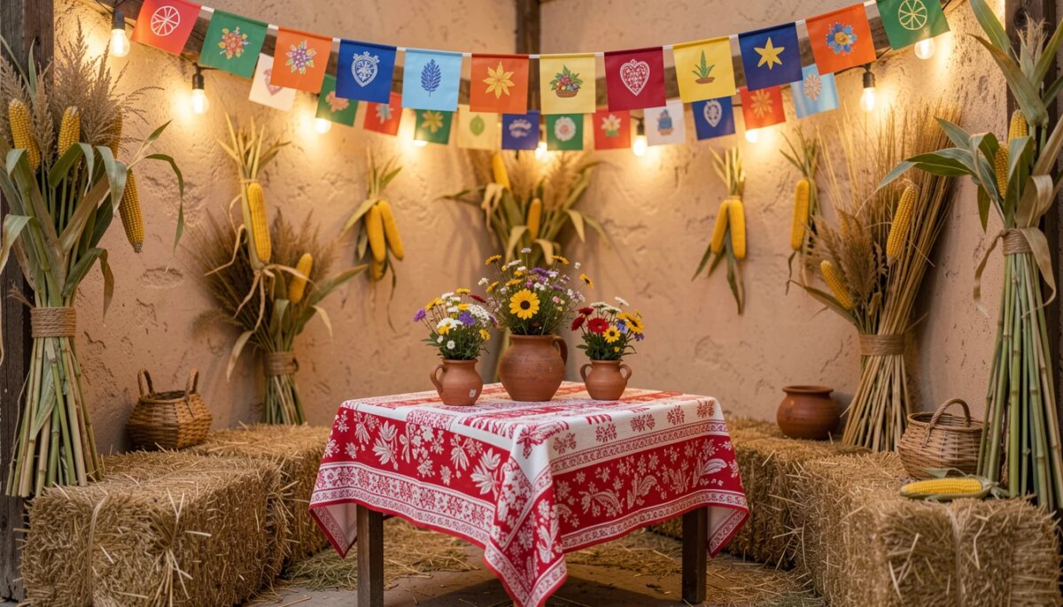 Mesa decorada com toalha de chita vermelha e branca, bandeirinhas coloridas e potes de barro com flores.