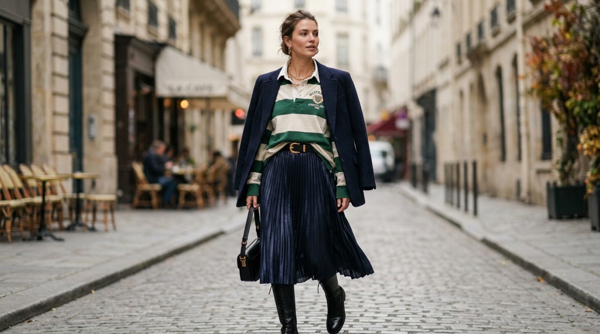 Look editorial look feminino com camisa de time com saia plissada midi
