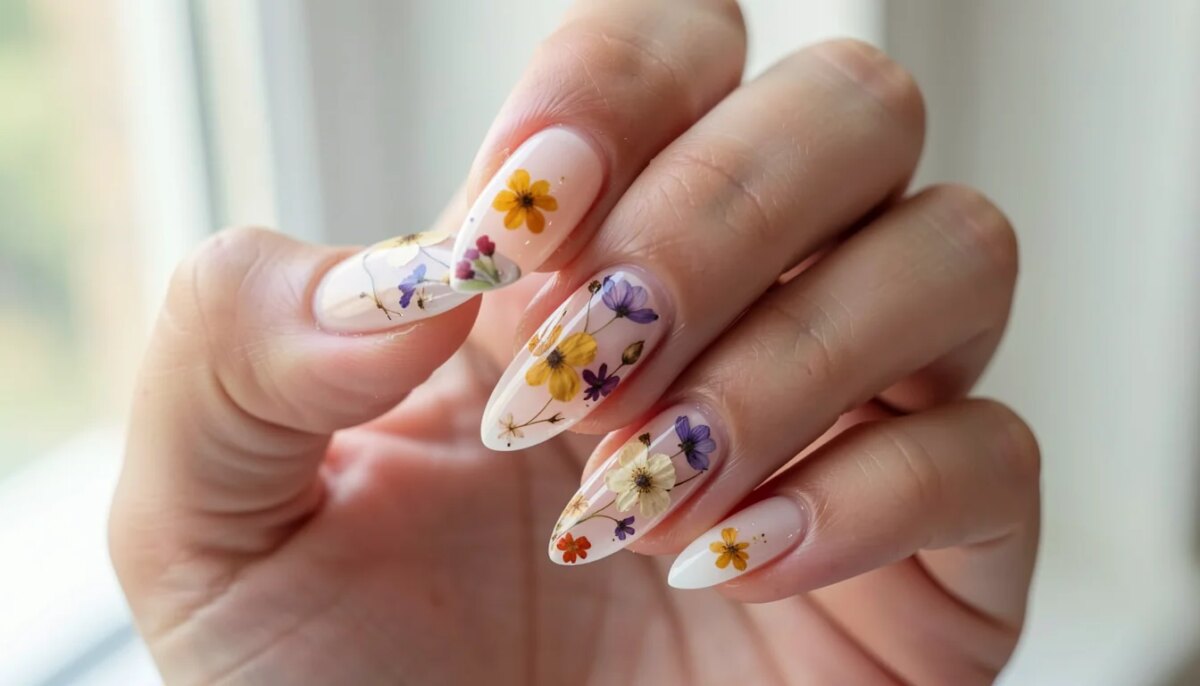 Unhas de gel decoradas com flores secas encapsuladas, formato amendoado, brilho intenso.