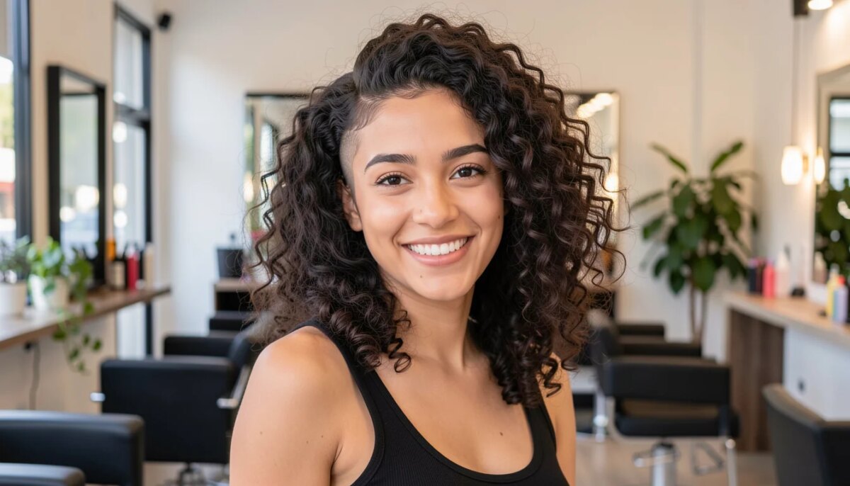 Mulher com cabelo cacheado e low fade lateral sorrindo no salão