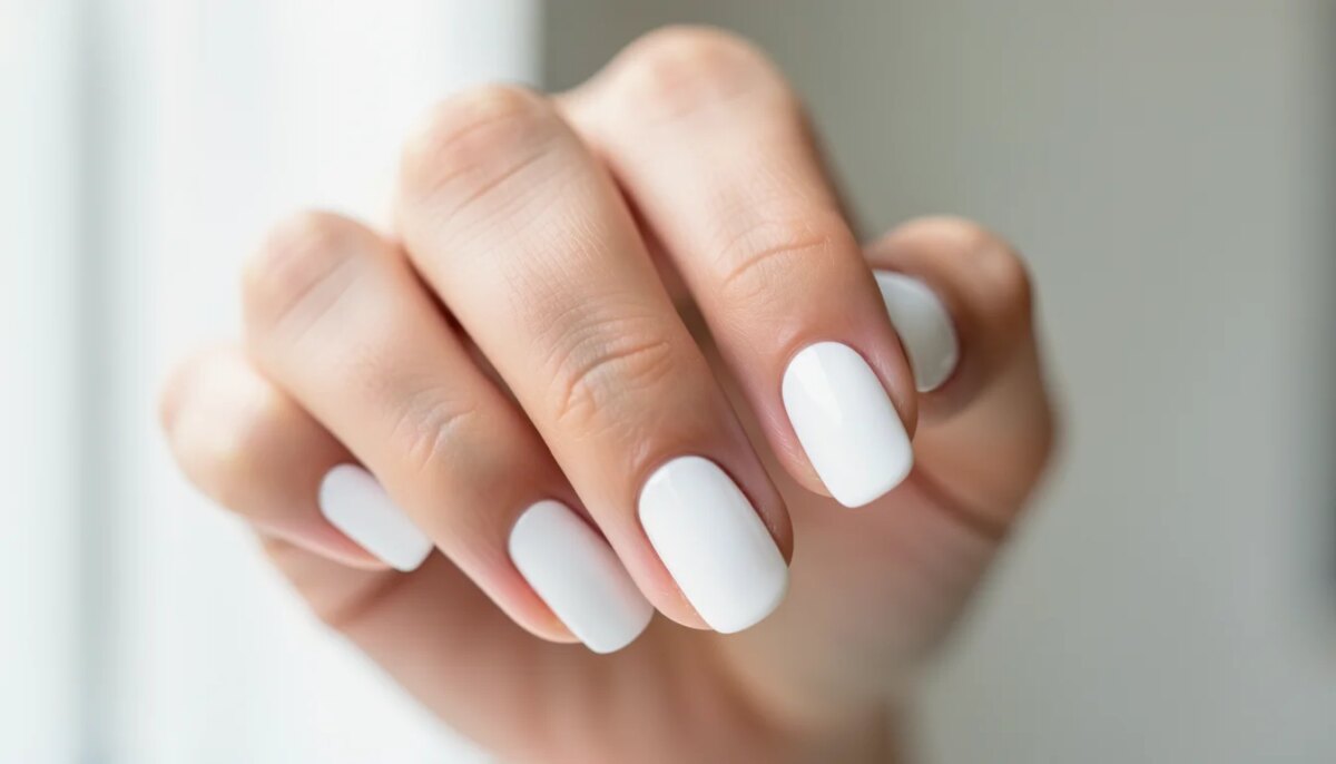 Unha Decorada Branca: Tutoriais e Fotos para Copiar Mão feminina com unhas brancas impecáveis e brilho suave.