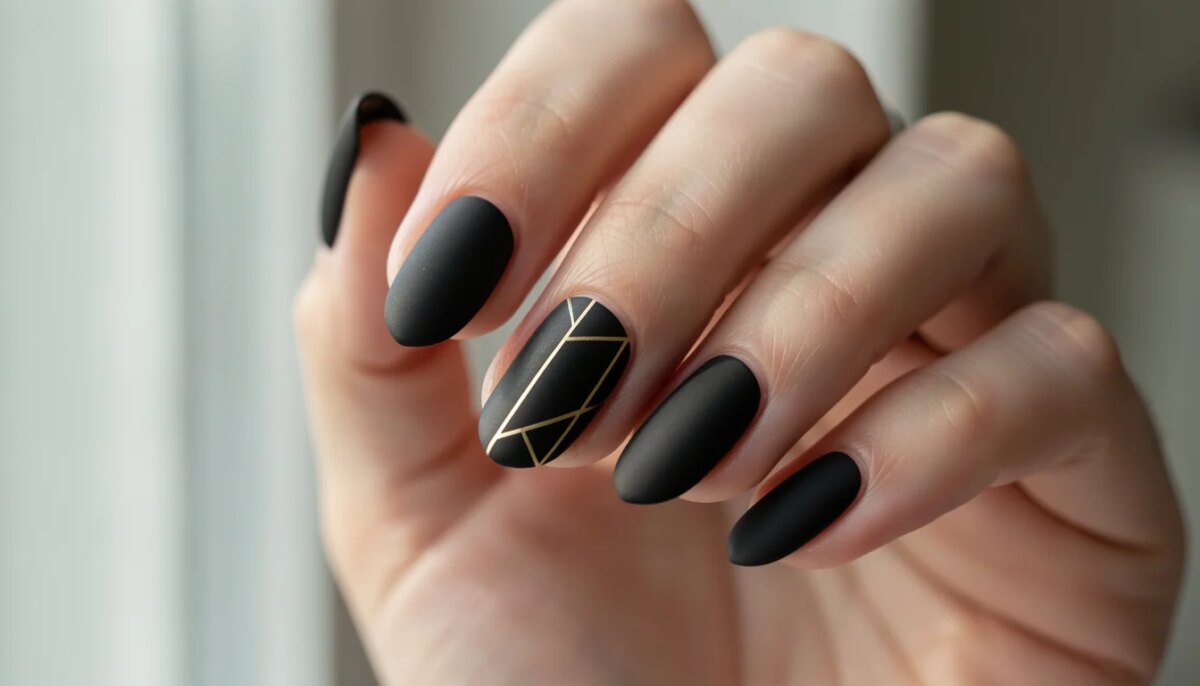 Mão com unhas pretas foscas decoradas com detalhes dourados