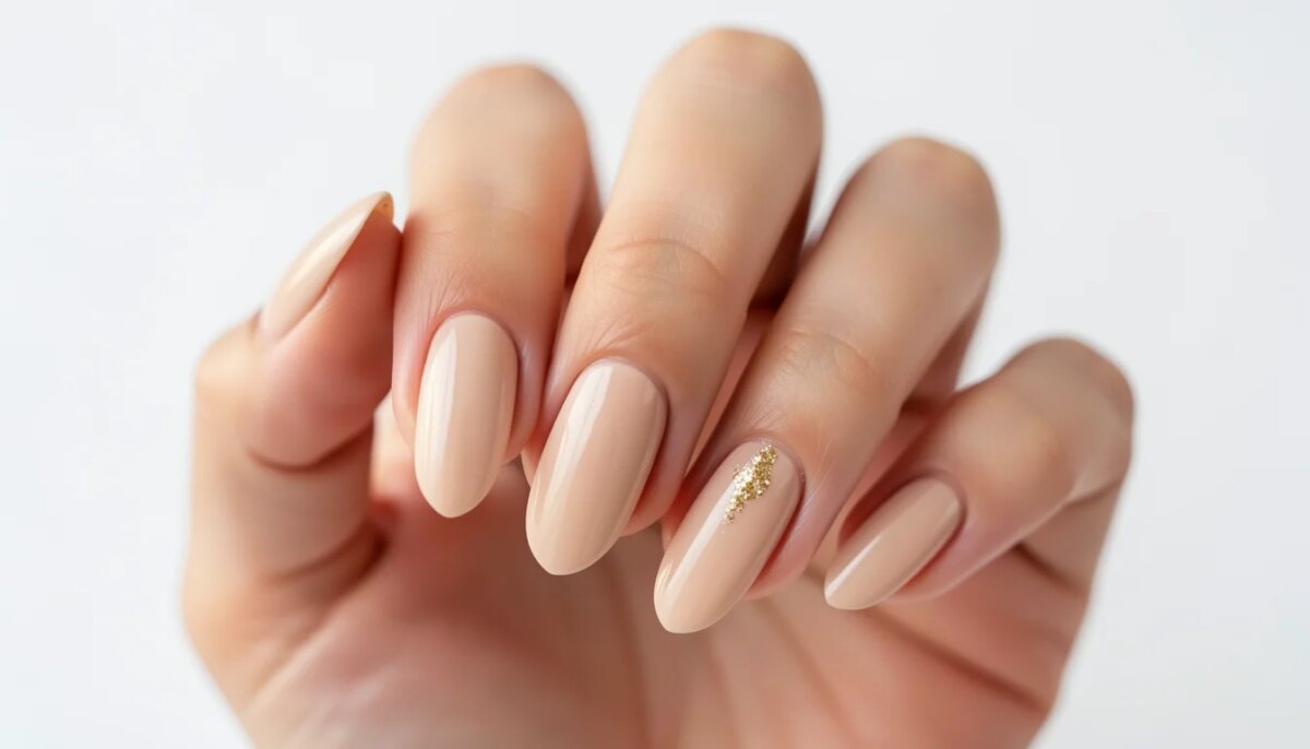 Mãos femininas com unhas decoradas simples, esmalte nude e detalhe dourado.