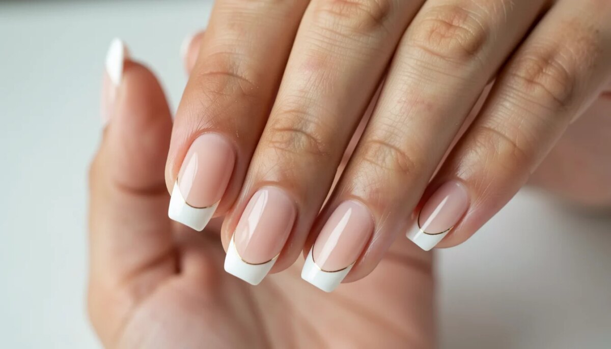Mãos com unhas decoradas francesinha micro-french com detalhe dourado, elegante e moderna.