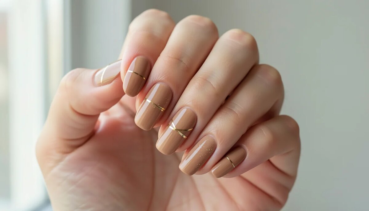 Mãos femininas com unhas decoradas nude e detalhes em dourado