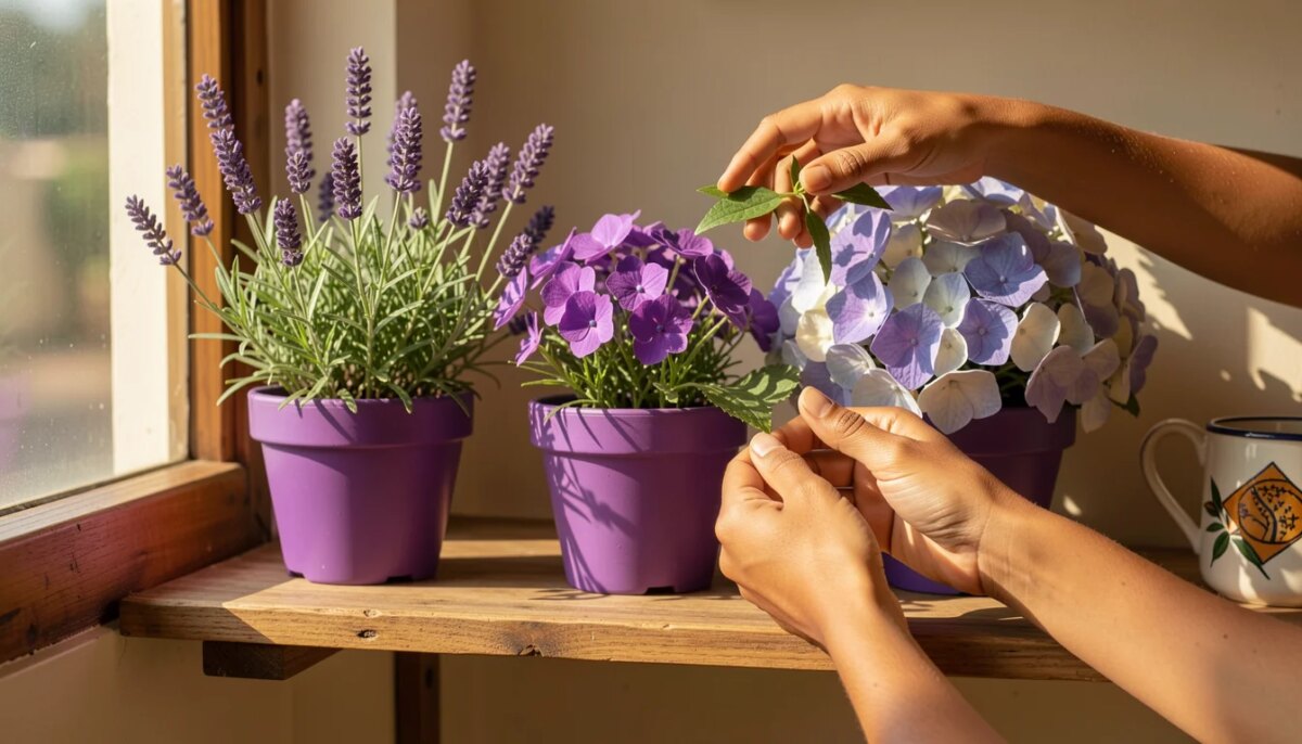 Vasos de lavanda, violeta e hortênsia roxa em prateleira de madeira com luz natural.