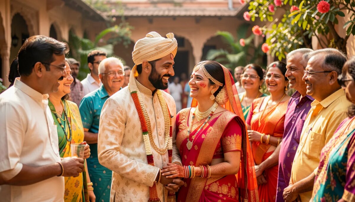 Casal indiano sorrindo em casamento arranjado com familiares