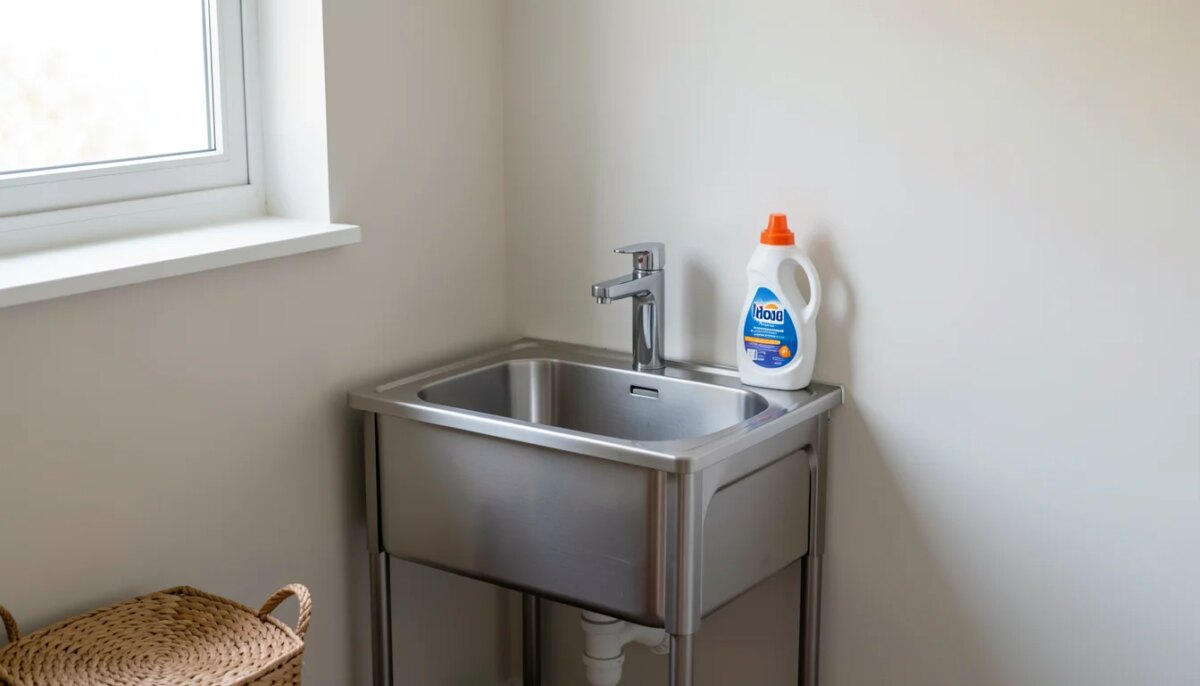 Melhor Tanque Pequeno: 10 Modelos e Qual Comprar Hoje Tanque pequeno de aço inox em lavanderia compacta de apartamento