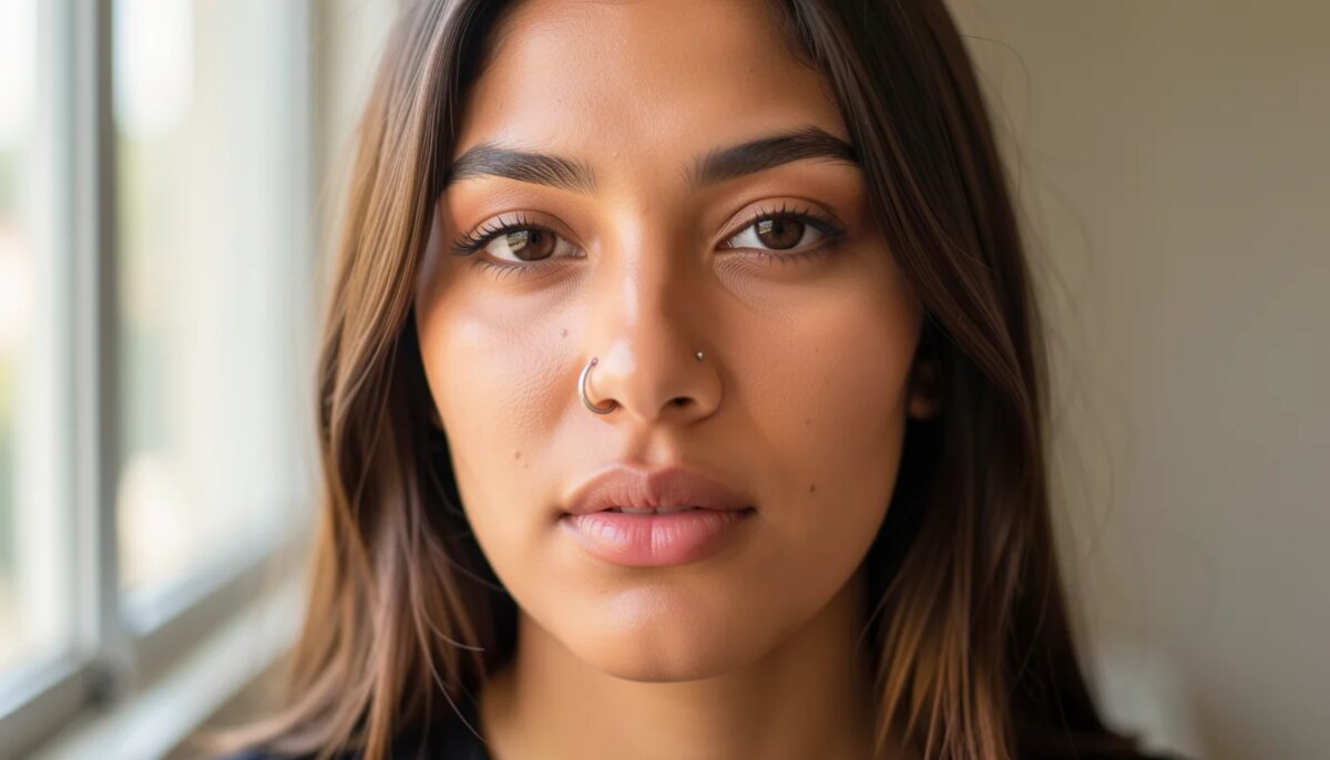 Mulher jovem com piercing no nariz estilo nostril, close-up, pele natural, luz suave.