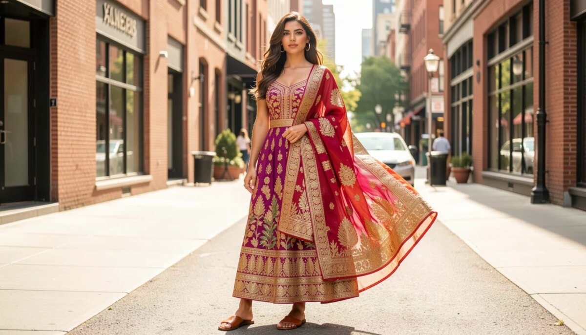 Mulher brasileira usando vestido indiano bordado com sandálias rasteiras em cenário urbano.