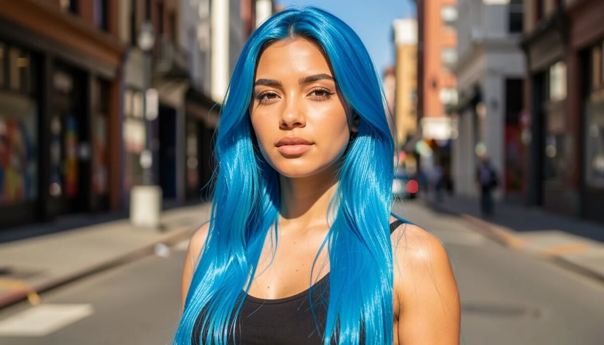 Mulher com cabelo azul elétrico vibrante em ambiente urbano