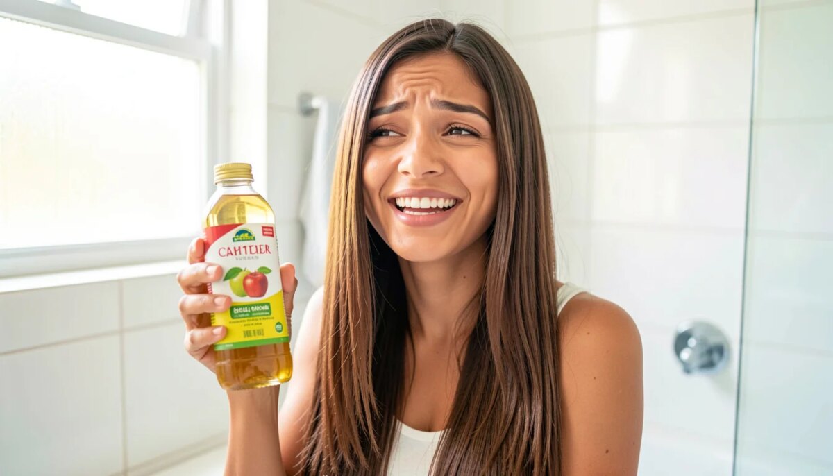 Mulher feliz segurando vinagre de maçã para tirar cheiro de progressiva
