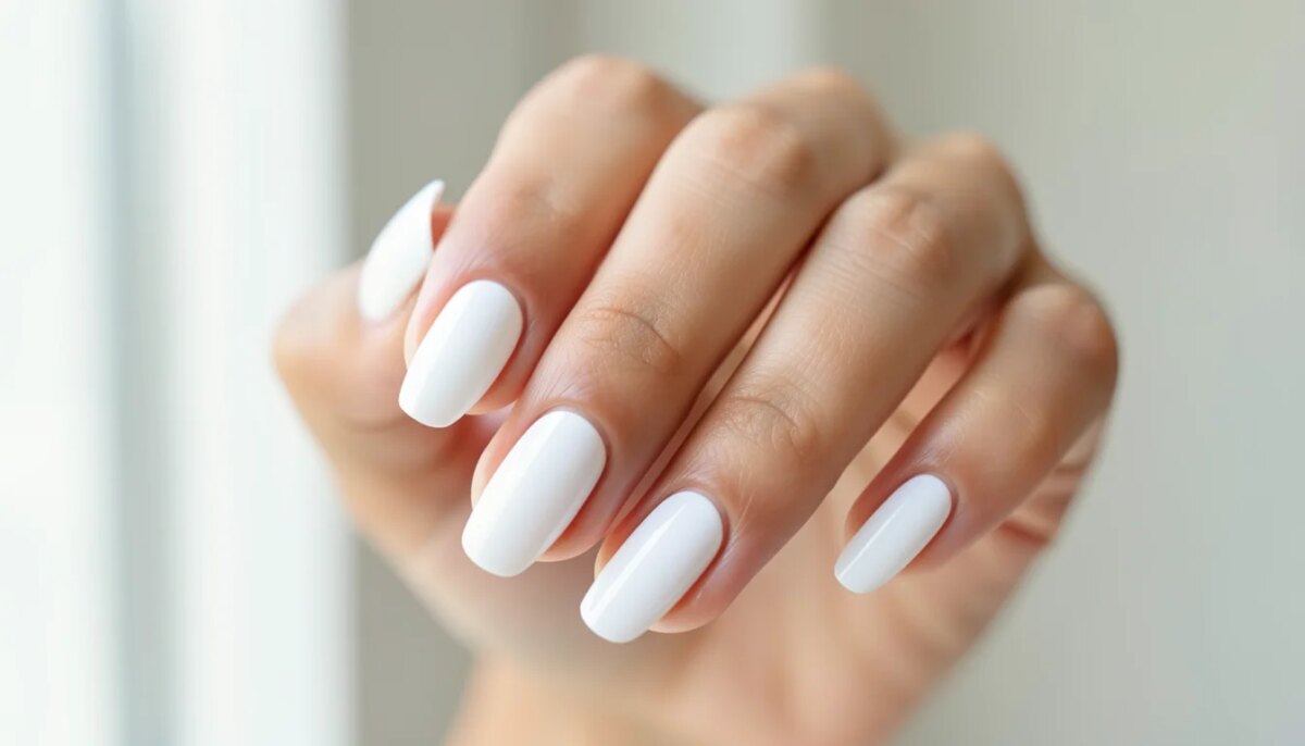 Mãos femininas com unhas decoradas brancas e acabamento brilhante.