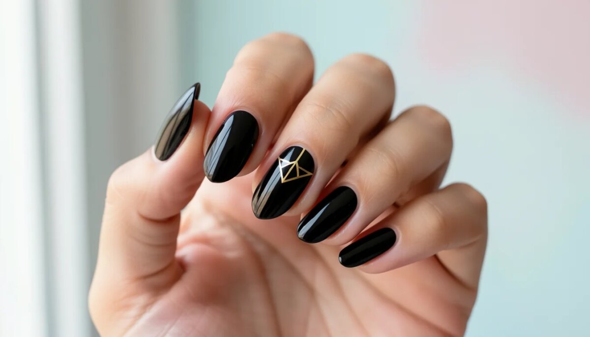 Mão feminina com unhas em gel pretas brilhantes e detalhe em foil dourado