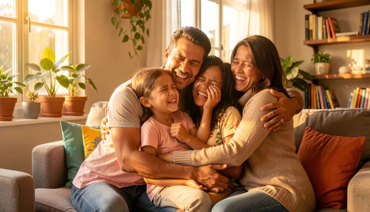 Família brasileira abraçada em sala iluminada pelo sol