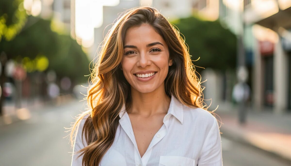 REFLEXO CABELO: Inspirações para Iluminar os Fios Mulher com cabelo castanho e reflexos mel iluminados pelo sol