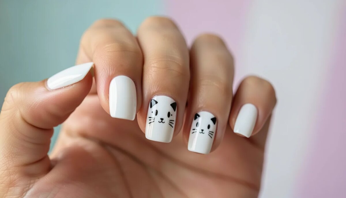 Unha decorada com rostinho de gato preto sobre esmalte branco