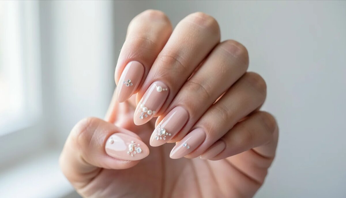 Mãos femininas com unhas decoradas para casamento, esmalte nude perolado com micro pedrarias.