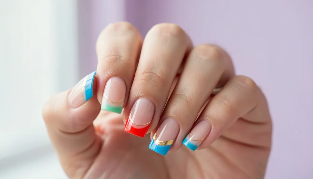 Unhas quadradas decoradas com francesinha dupla colorida e detalhes em dourado