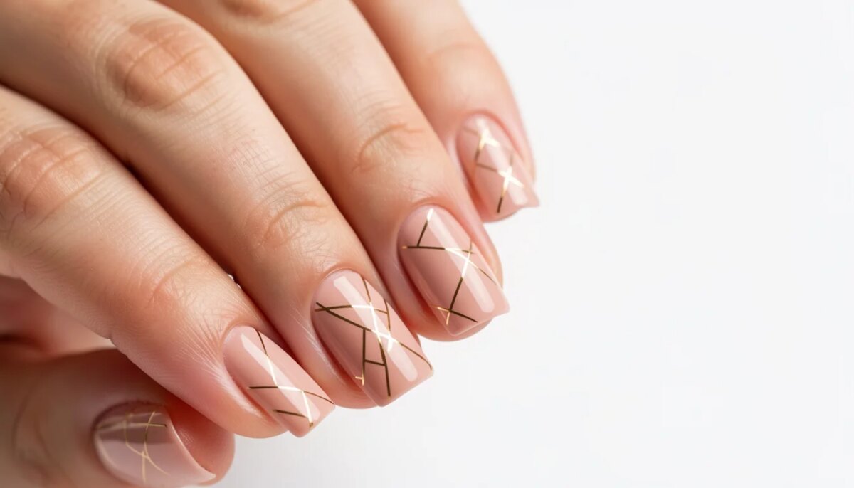 Mão com unhas quadradas decoradas com linhas geométricas douradas sobre esmalte nude.