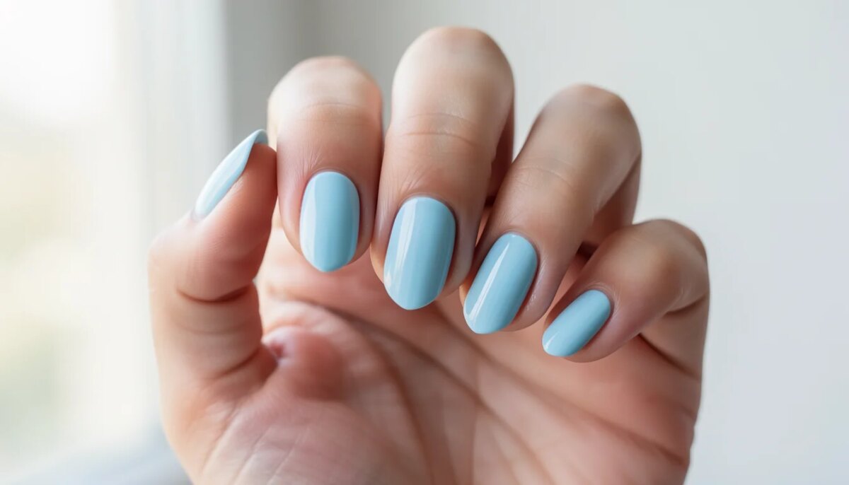 Unhas decoradas azul claro com acabamento glossy