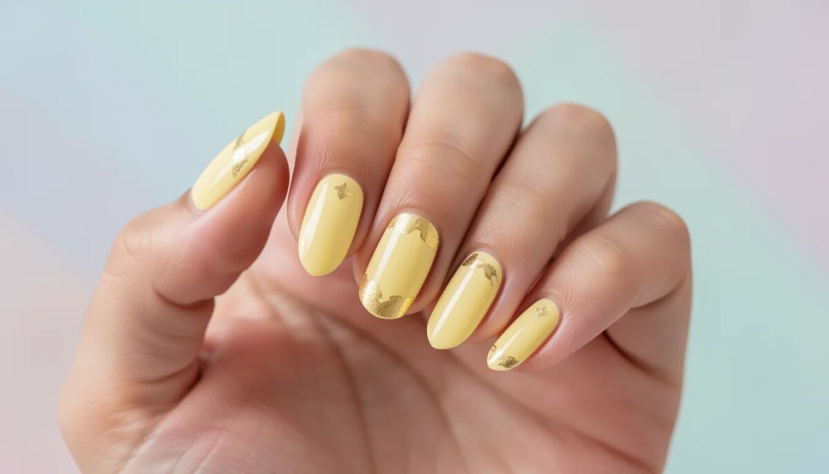 Mão feminina com unhas decoradas amarelo manteiga e detalhes em foil dourado.