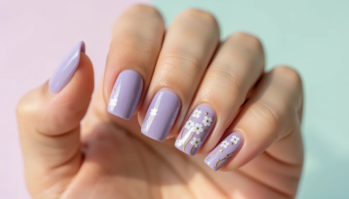 Unhas quadradas lilás decoradas com florzinhas brancas e detalhes em dourado