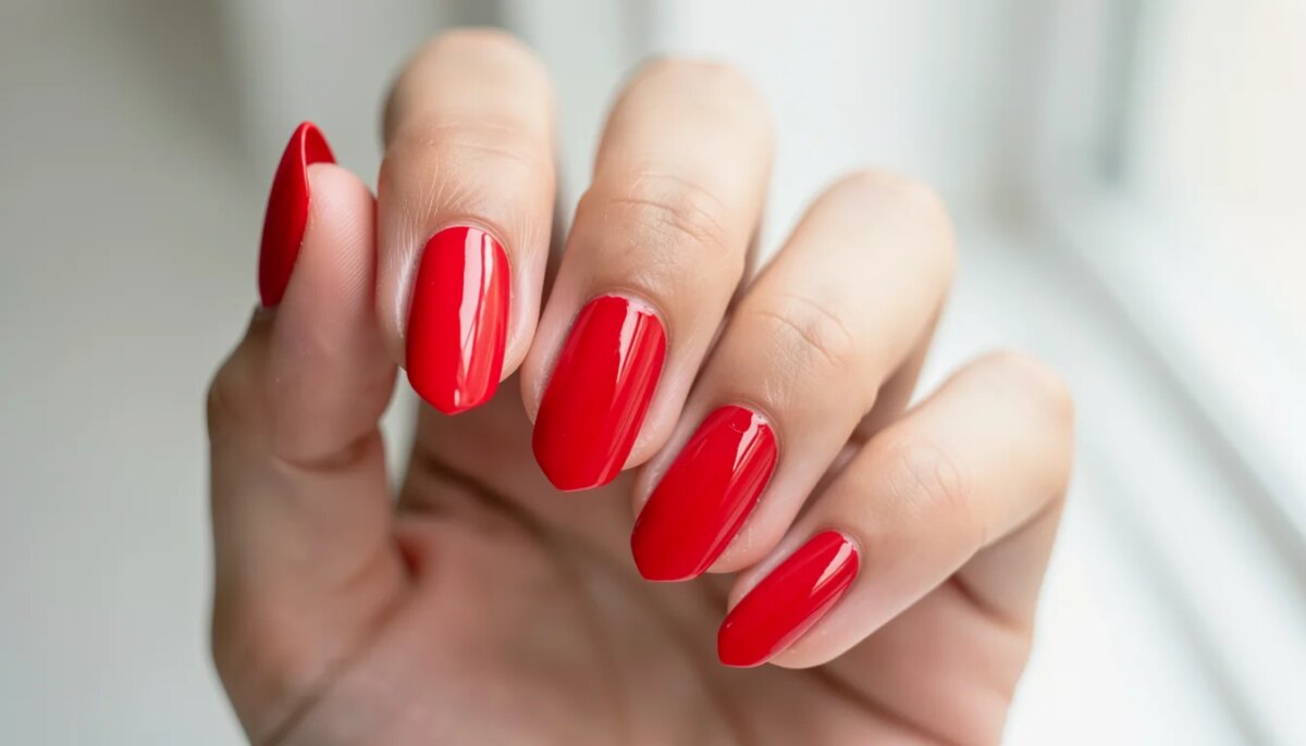 Mão com esmalte em gel vermelho brilhante, acabamento glossy, unhas perfeitas.