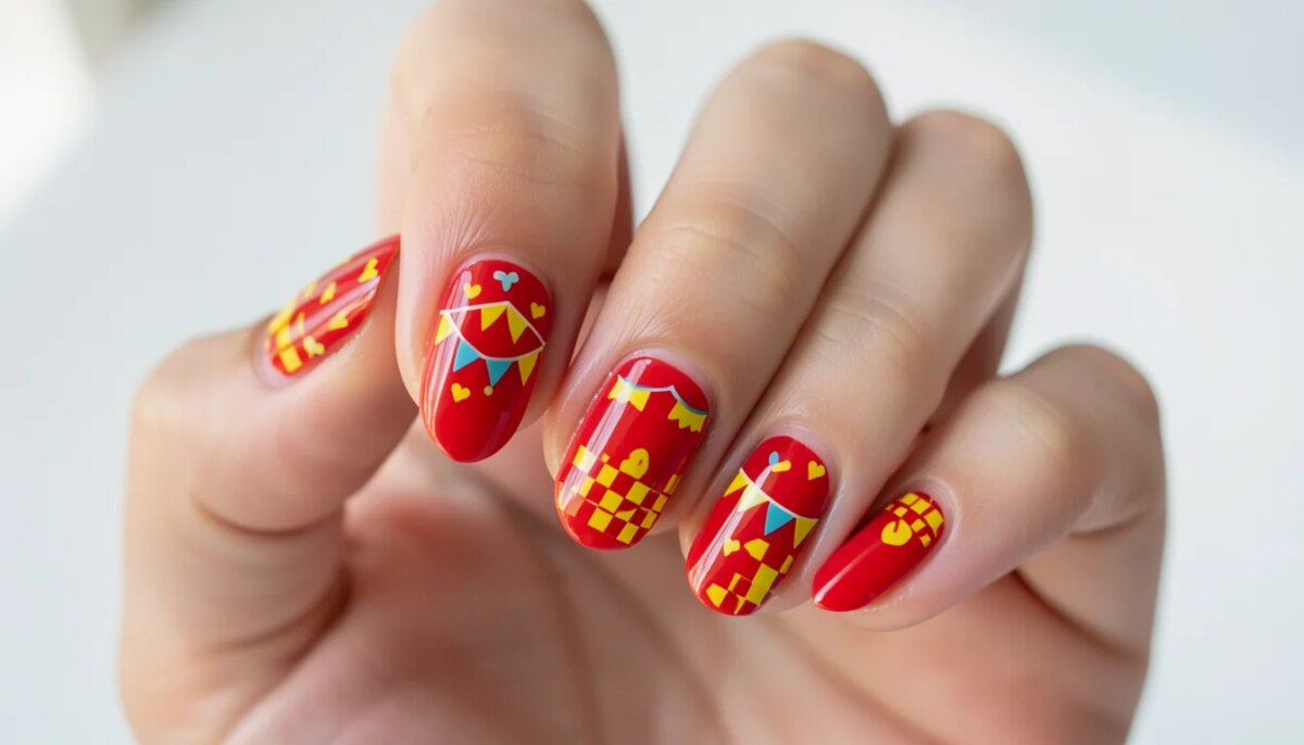 Mãos femininas com unhas decoradas de São João, bandeirinhas e xadrez em vermelho e amarelo.