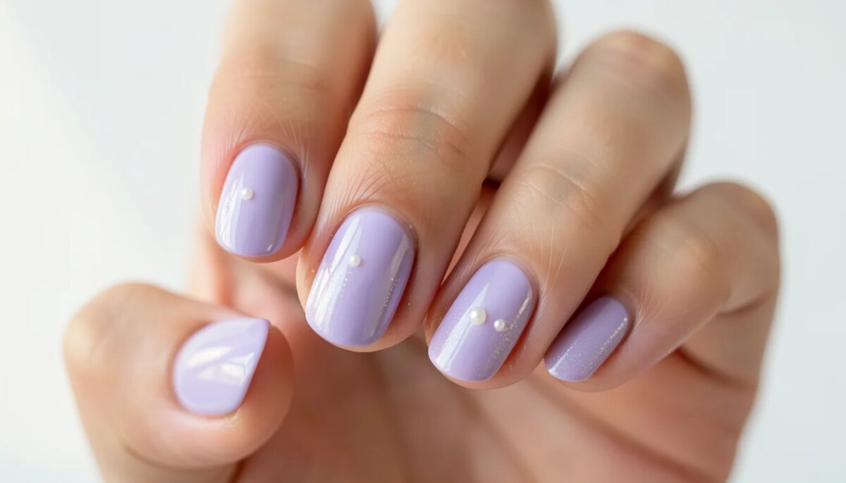 Unha Decorada Tendência 2026: Minimalismo, Glazed e Lilás para Iniciantes Mãos femininas com unhas curtas decoradas em lilás perolado e efeito glazed