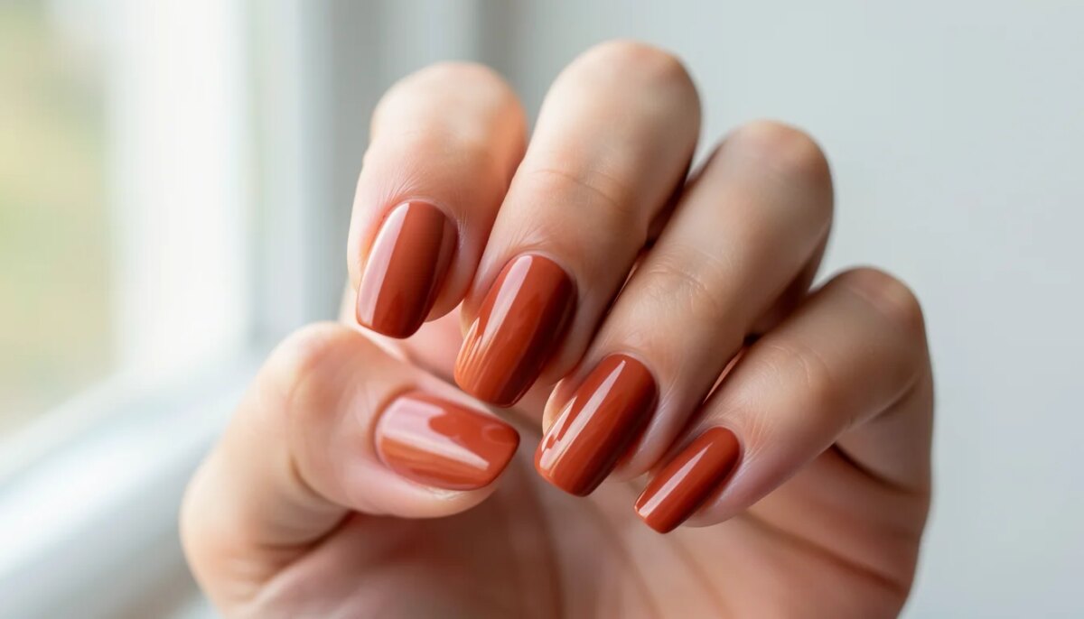 Mãos femininas com unhas decoradas na cor terracota, acabamento brilhante e design minimalista.
