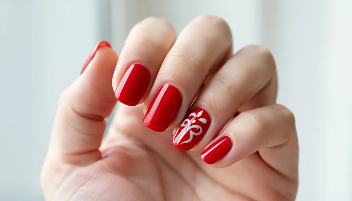 Mão feminina com unhas vermelhas decoradas simples e brilhantes