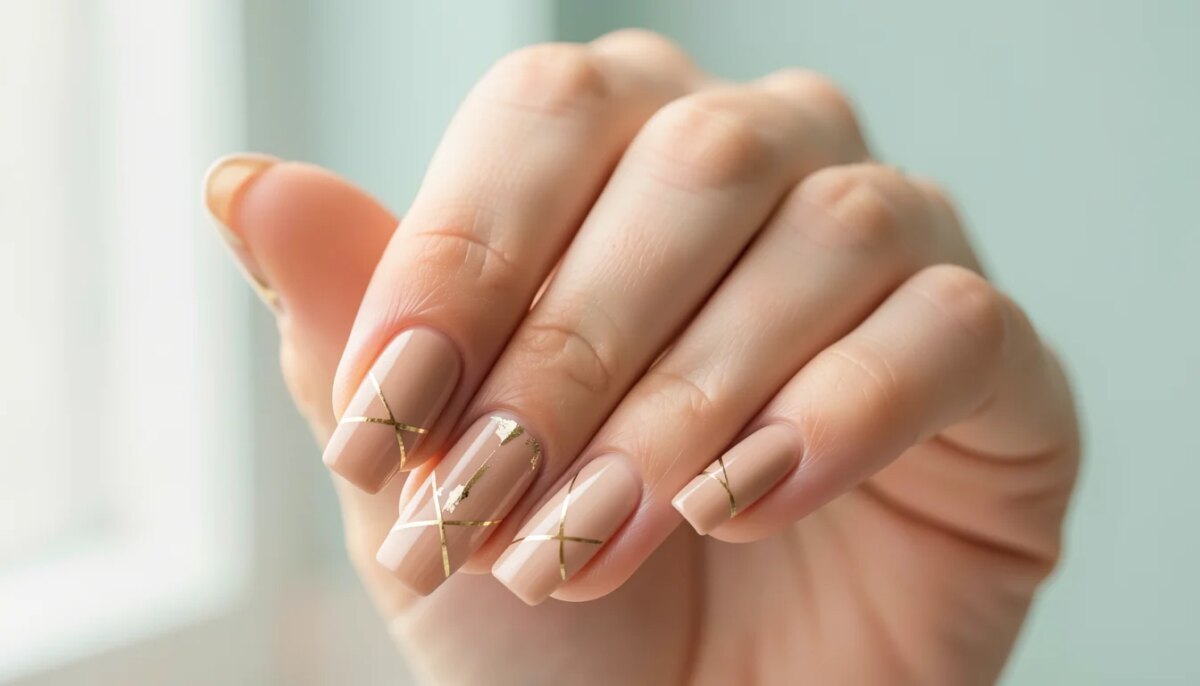 Mãos femininas com unhas quadradas decoradas em nude e dourado, estilo elegante e simples.