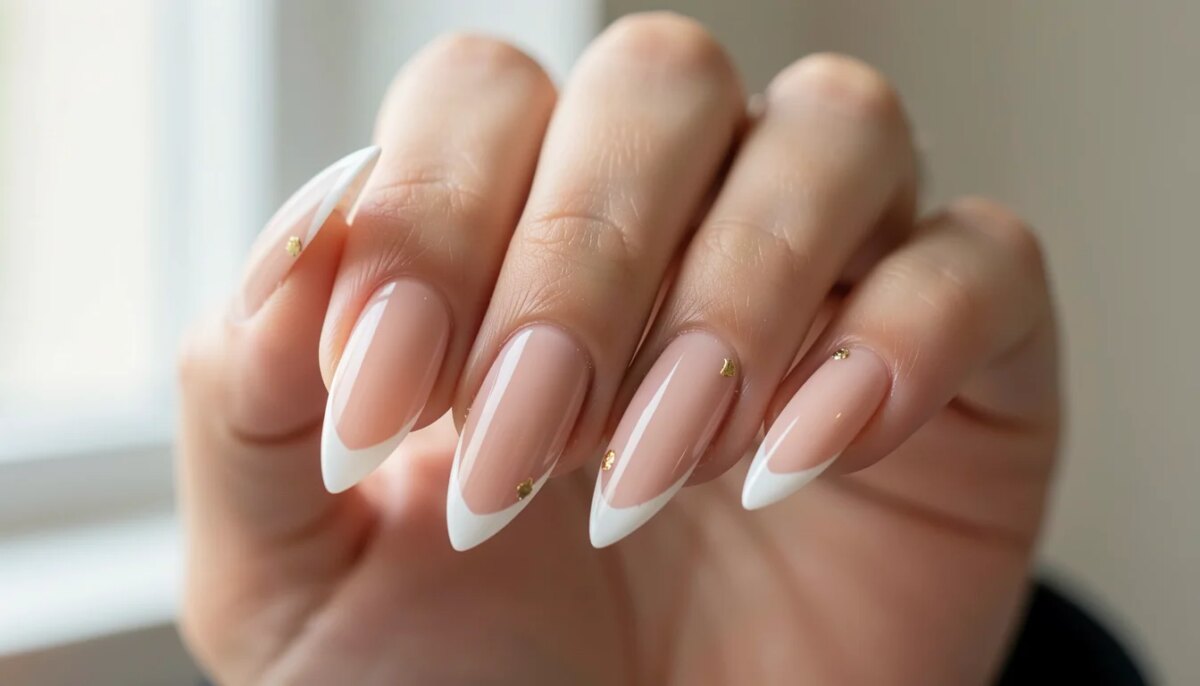 Unha Decorada Grande: 5 Ideias Lindas e Fáceis de Fazer Mão feminina com unhas grandes decoradas em formato amendoado, esmalte nude com francesinha e detalhes em dourado.