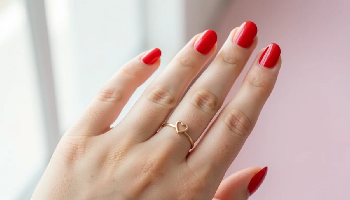 Unha Decorada Vermelha Delicada: 10 Ideias Românticas para Arrasar Mão feminina com unhas vermelhas decoradas com coração dourado, estilo delicado.