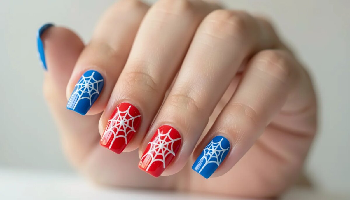 Unhas decoradas do Homem-Aranha com base vermelha, ponta azul e teia branca.