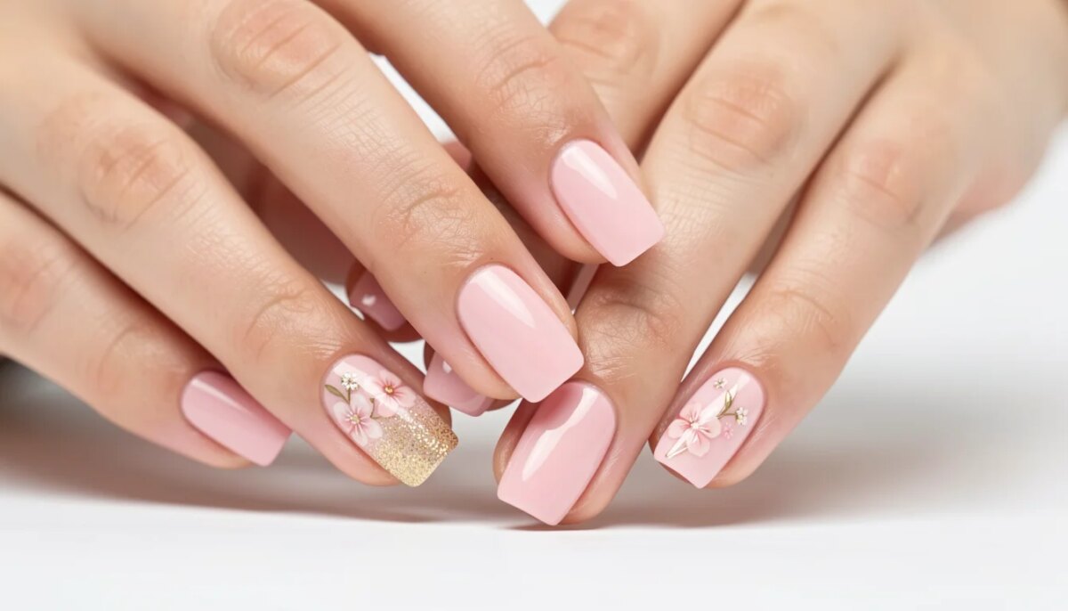 Unhas decoradas rosa claro: 10 ideias delicadas e elegantes Mãos femininas com unhas decoradas rosa claro e detalhes florais