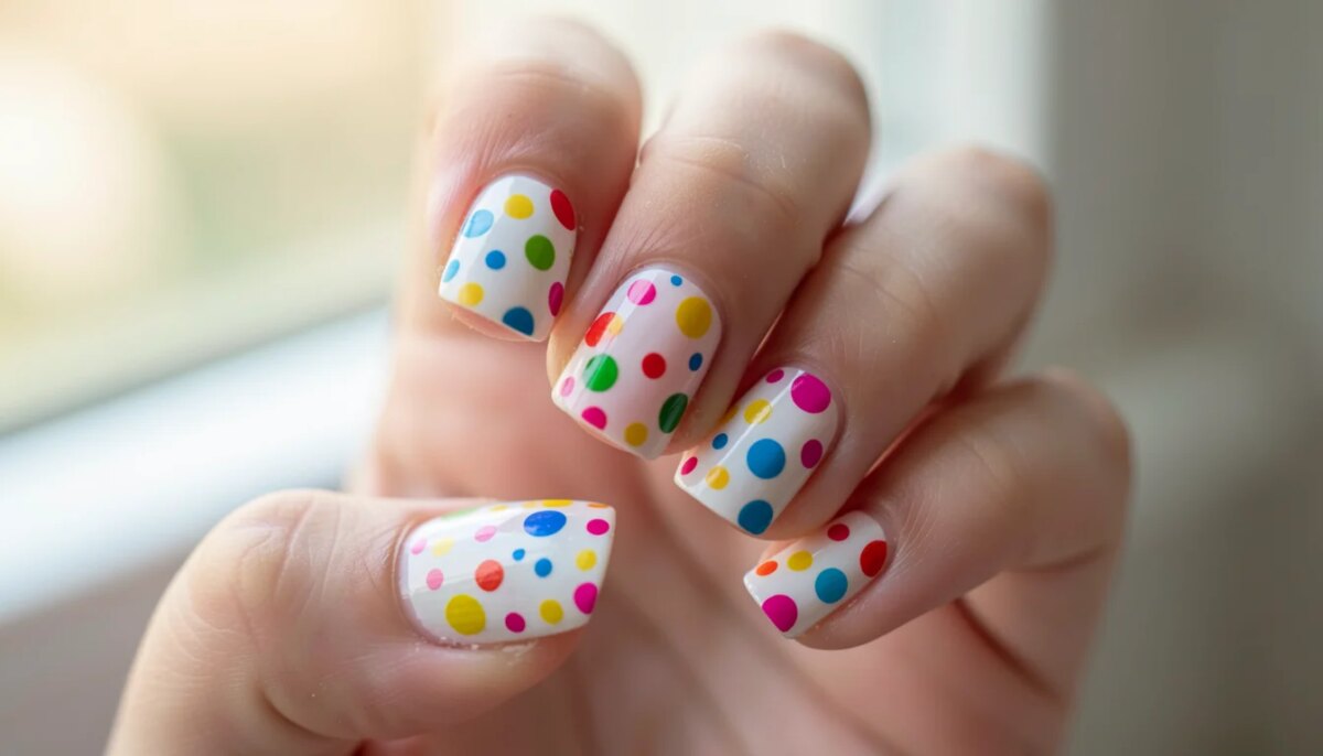 Mão de criança com unhas decoradas com adesivos e bolinhas coloridas.