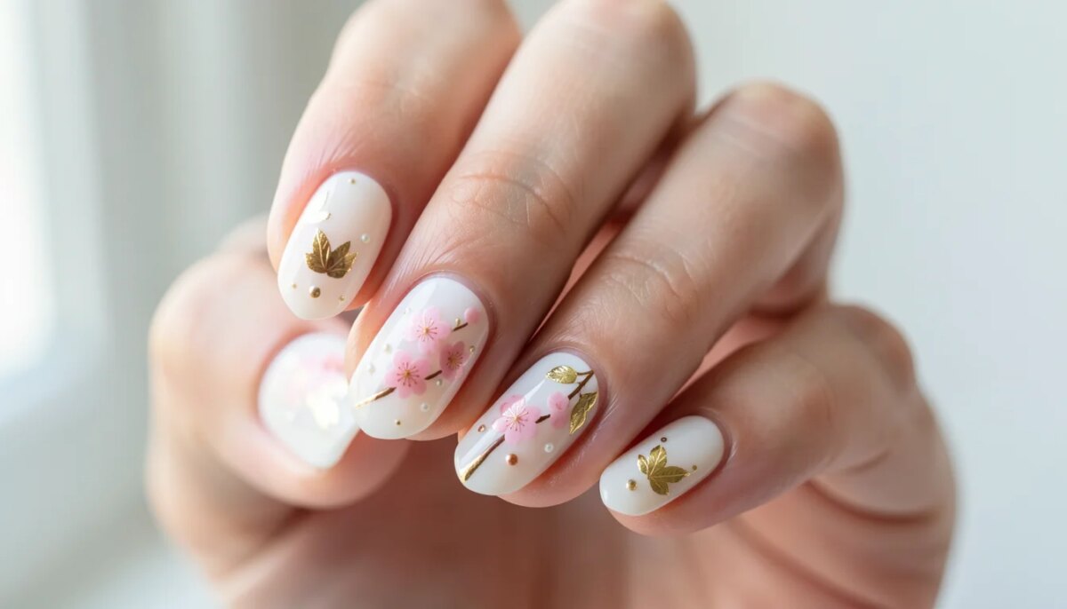 Unha Decorada Japonesa: Estilo, Técnica e Dicas para Arrasar Mãos com unhas decoradas estilo japonês, design de flor de cerejeira com folha de ouro e pérolas.