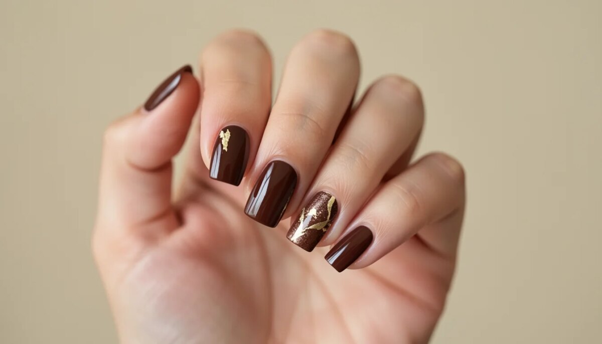 Unha Decorada Quadrada Marrom: Passo a Passo Unhas quadradas marrons decoradas com detalhes dourados