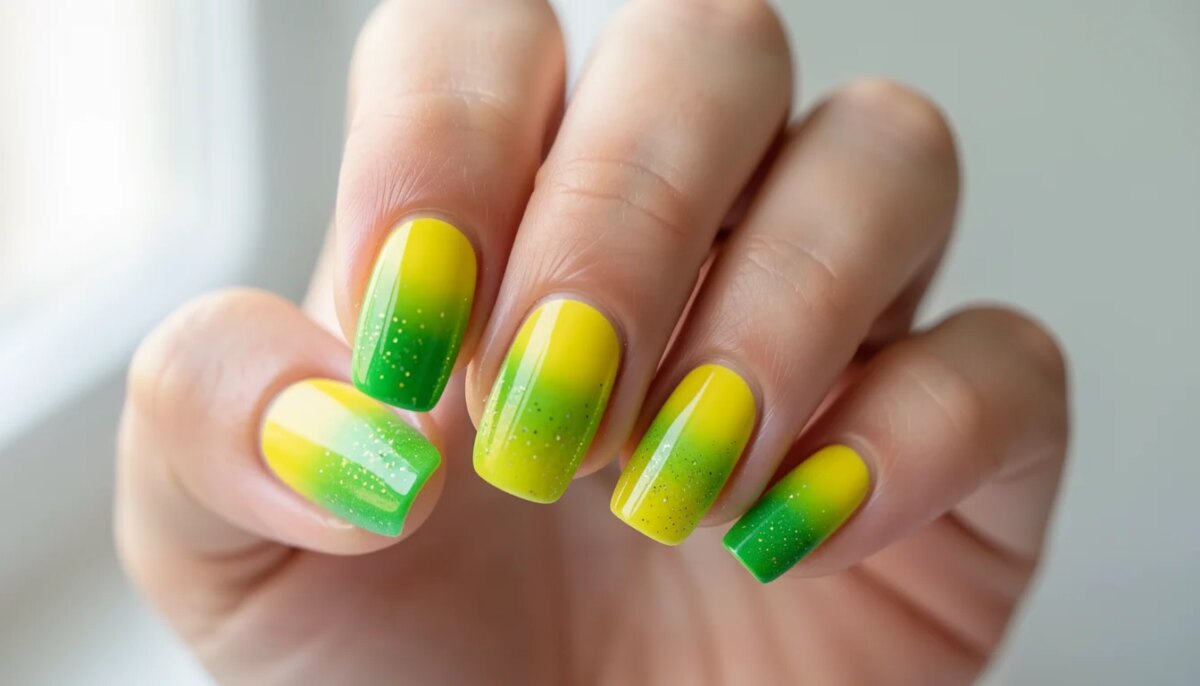 Mãos com unhas decoradas nas cores verde e amarelo, estilo Brazilcore.