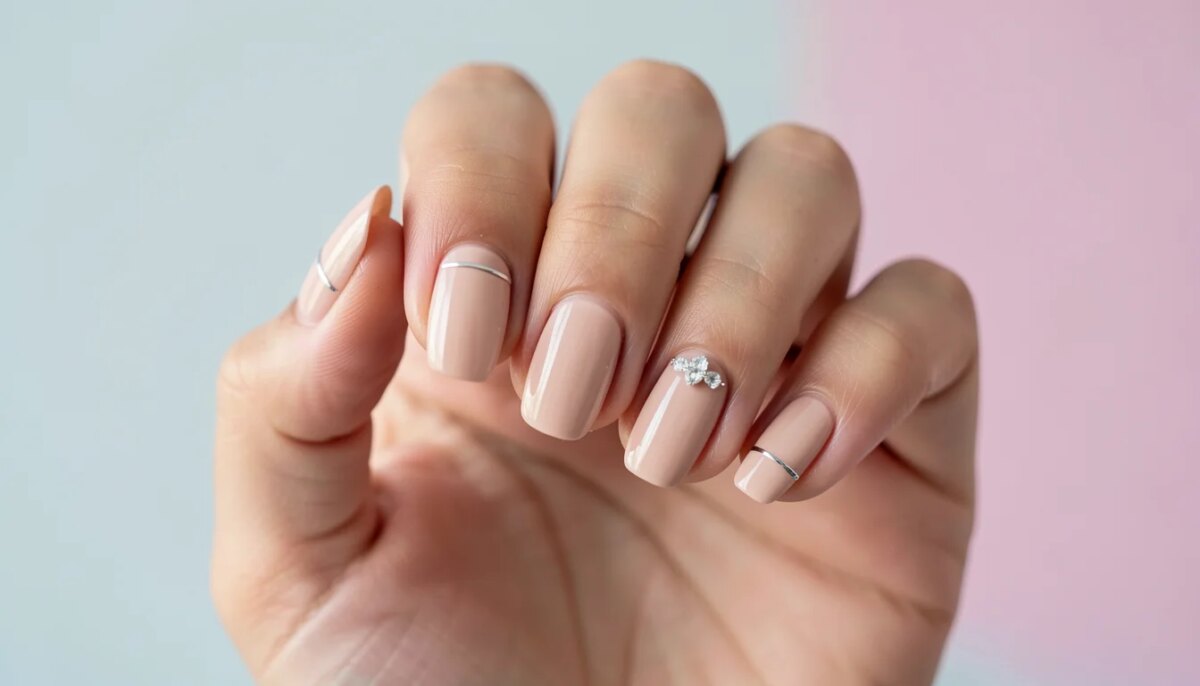 Unha Decorada Elegante Delicada: O Guia Completo para um Visual Sofisticado Mão feminina com unhas decoradas elegantes e delicadas, esmalte nude com detalhe prateado e cristal.