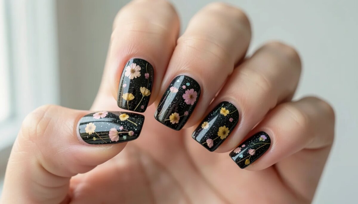 Unha decorada preta encapsulada com glitter e flores secas, acabamento brilhante.