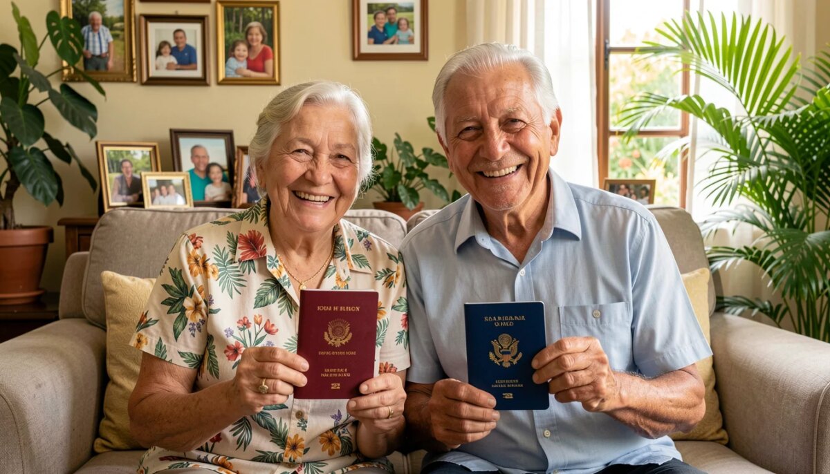 Casal idoso feliz segurando visto americano e passaportes em casa