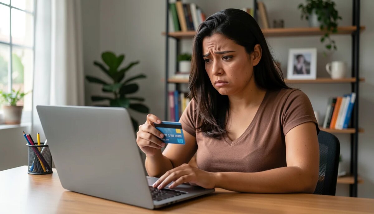 Mulher preocupada olhando para laptop com cartão de crédito na mão