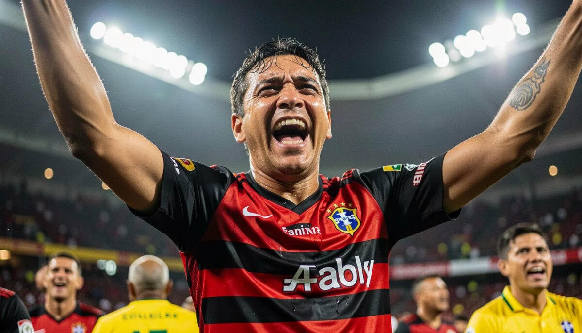 Torcedor do Flamengo comemorando com emoção e lágrimas de alegria.
